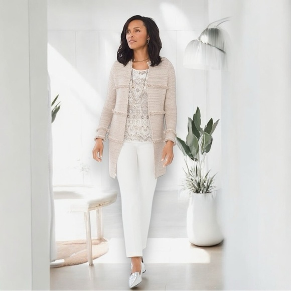 Chico's Cream & Tan Sparkle Open Front Knit Cardigan‎ with Fringe Detailing - Picture 2 of 10